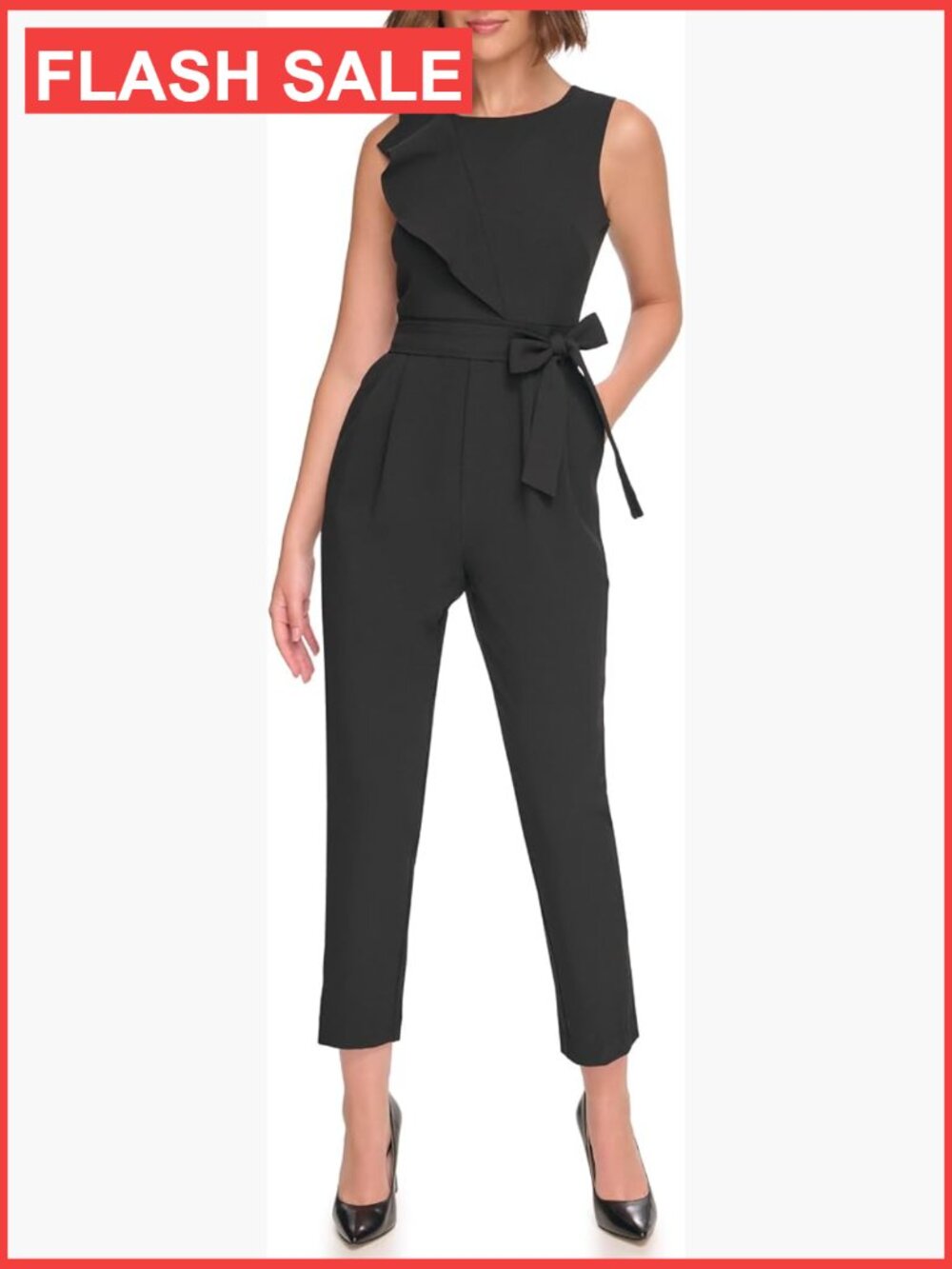 Sleeveless Crew Neck Crepe Jumpsuit with Rosette Bodice